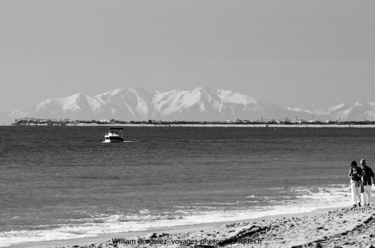 Bord de mer et massif du Canigou n&b. France